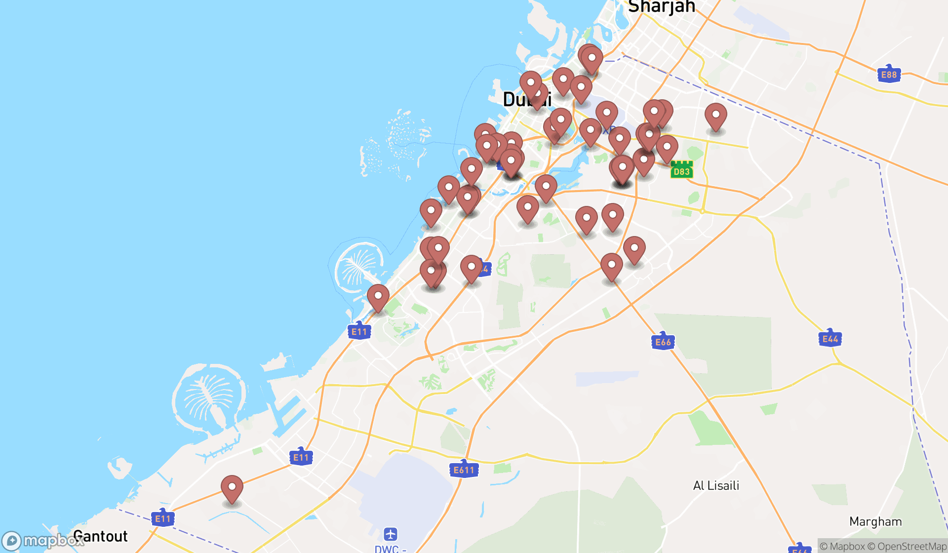 Map showing the search results in Dubai