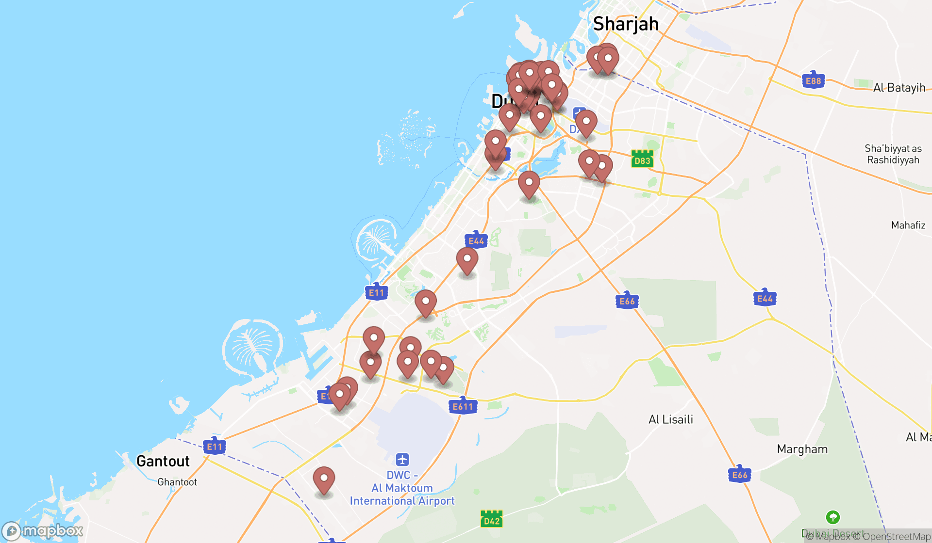Map showing the search results in Dubai