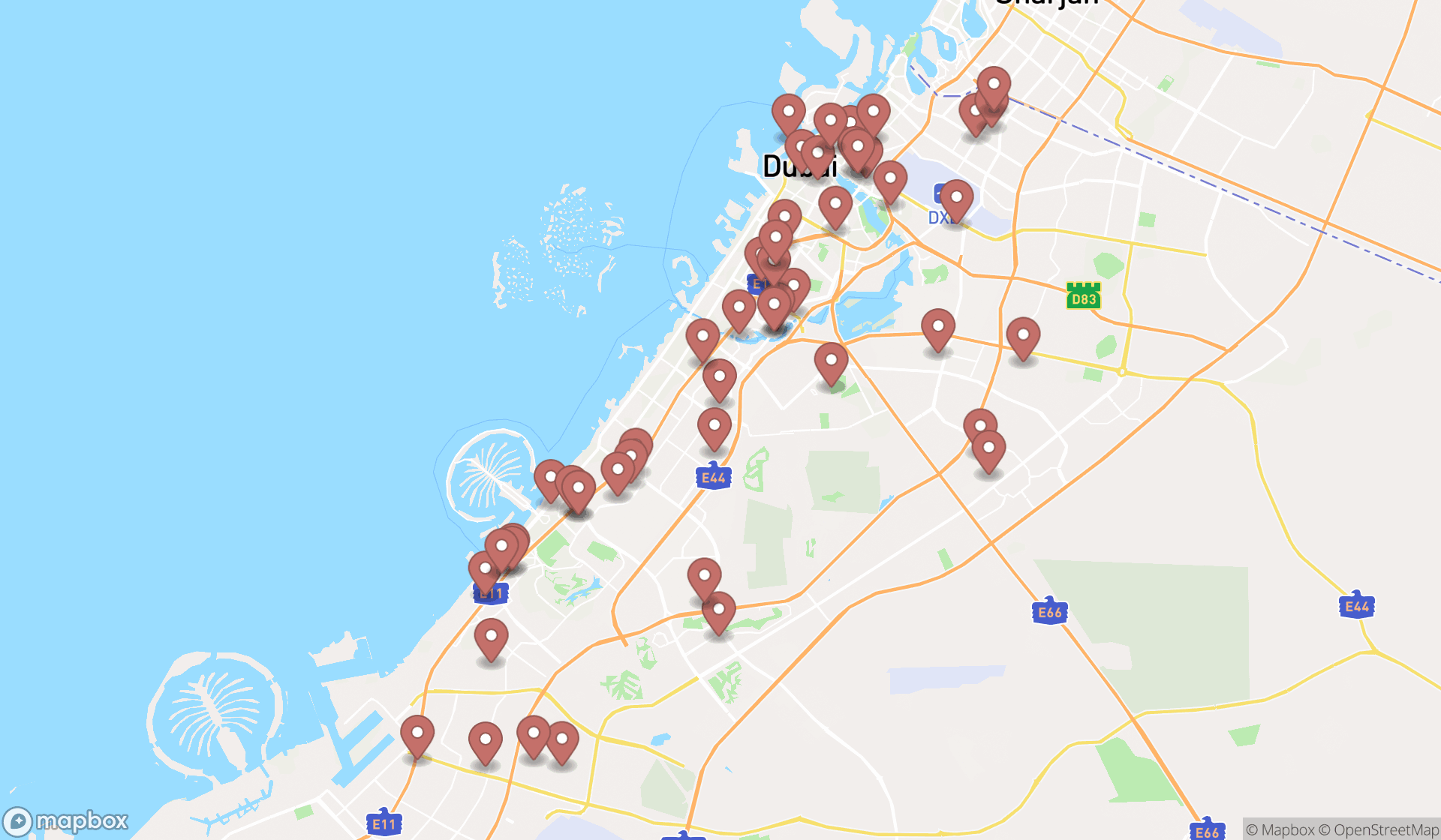 Map showing the search results in Dubai