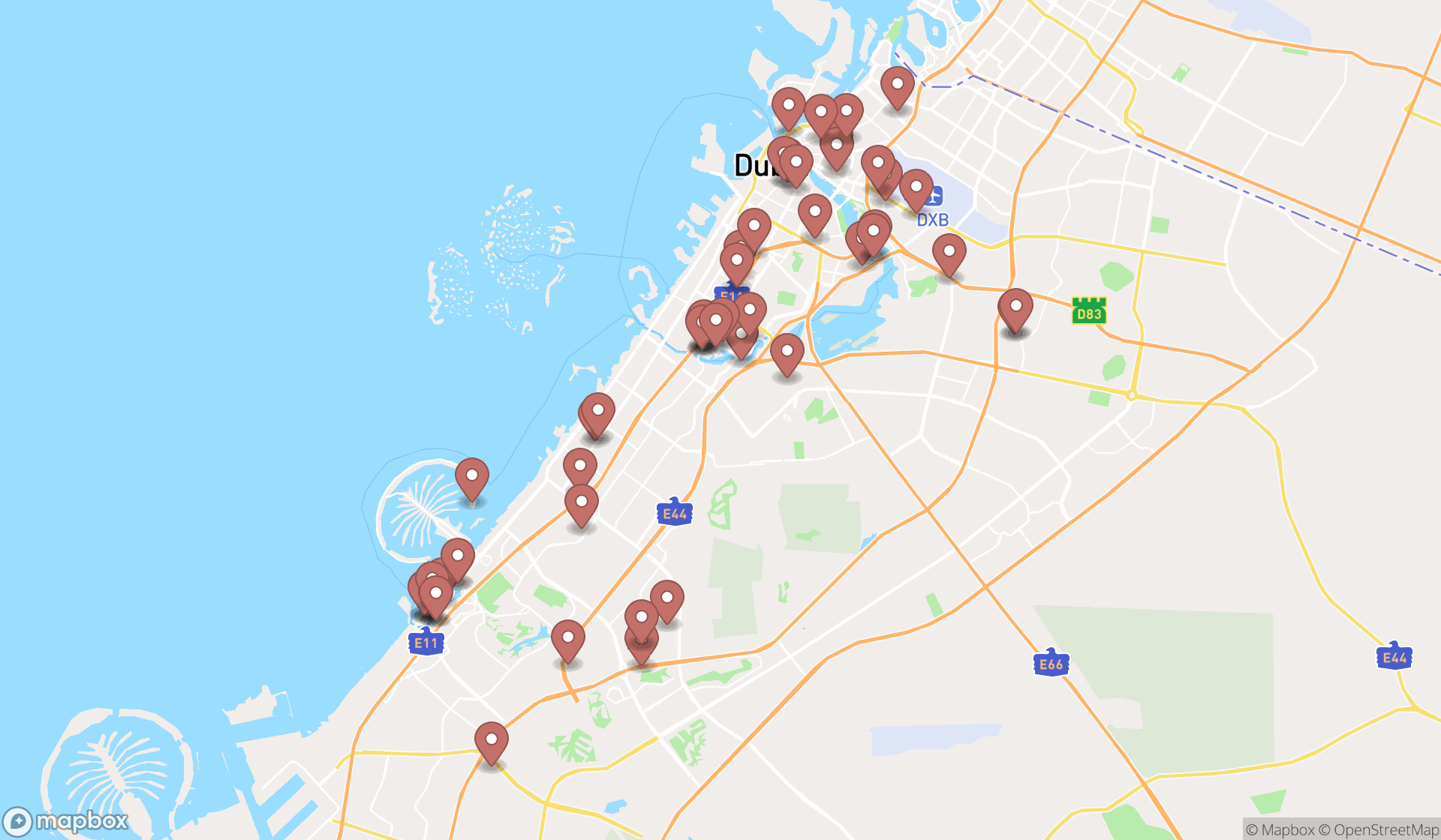 Map showing the search results in Dubai