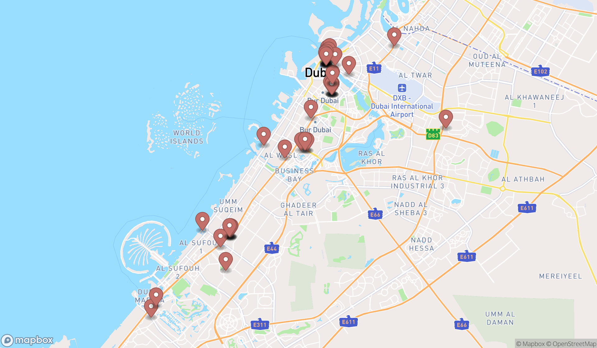 Map showing the search results in Dubai