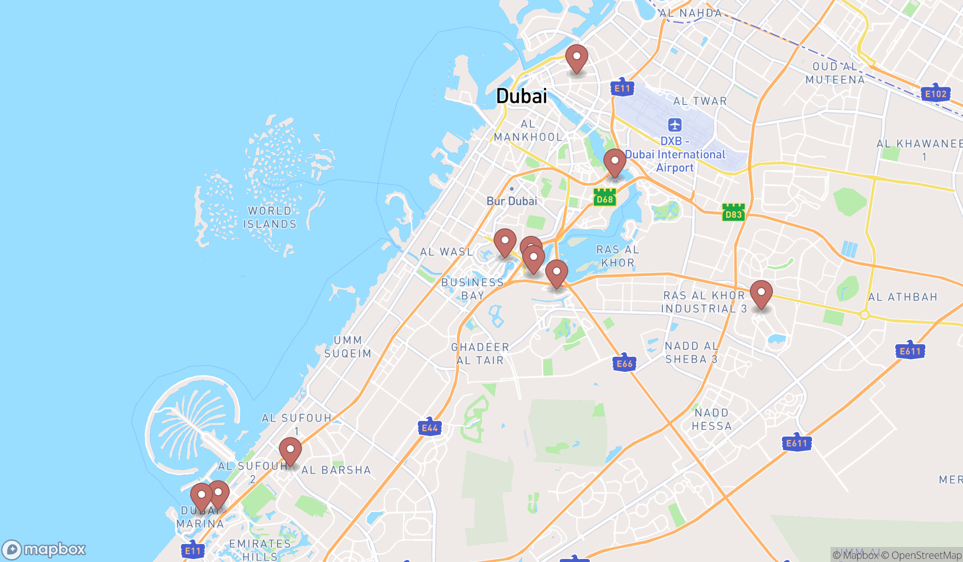 Map showing the search results in Dubai