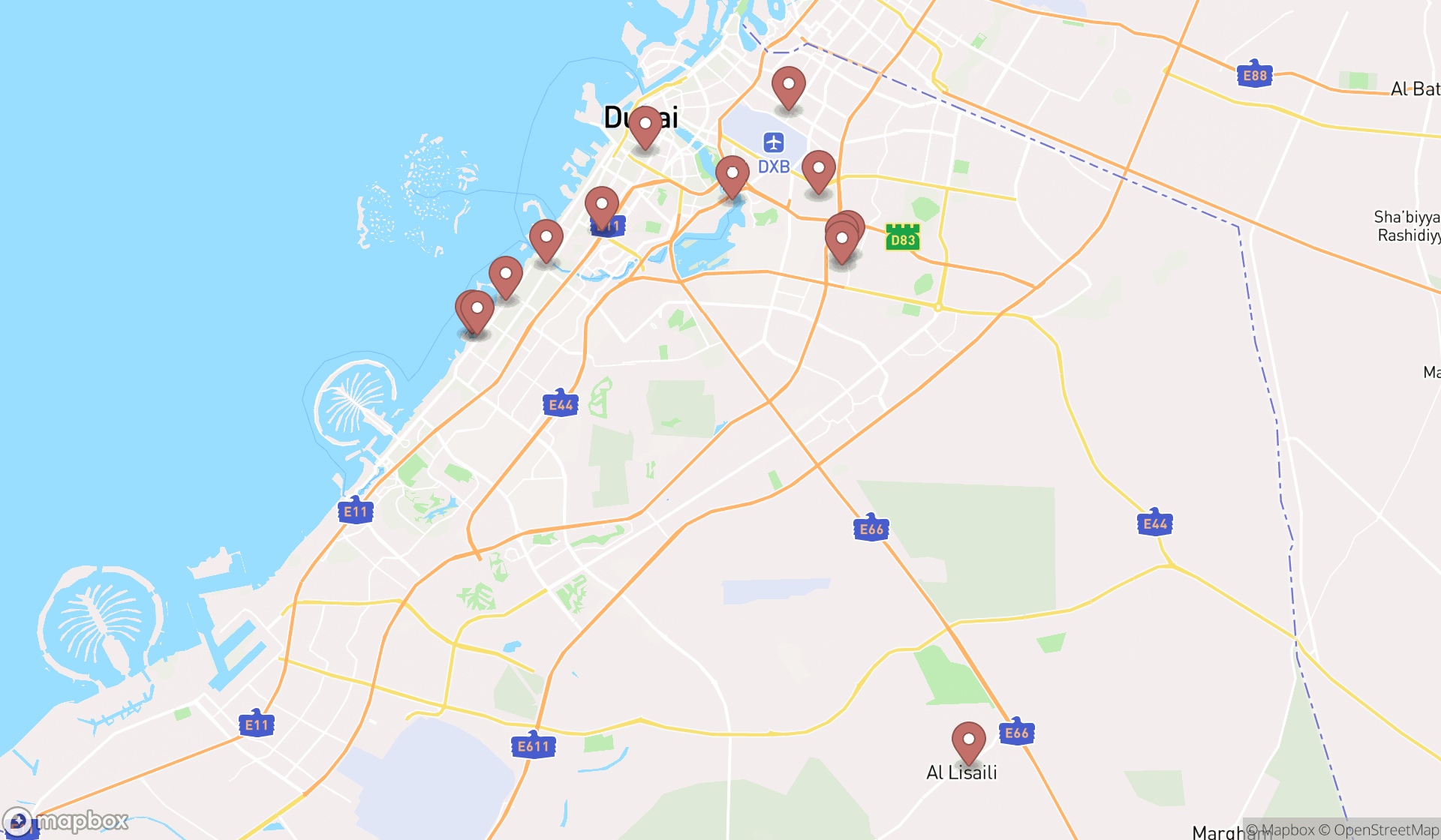 Map showing the search results in Dubai