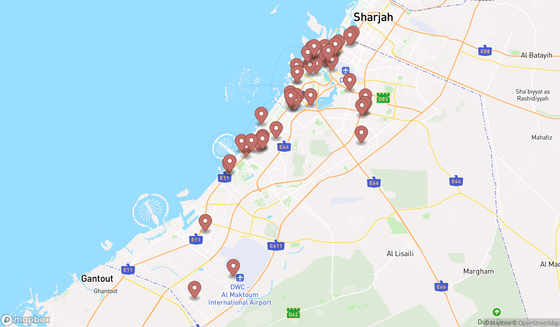 Map showing the search results in Dubai