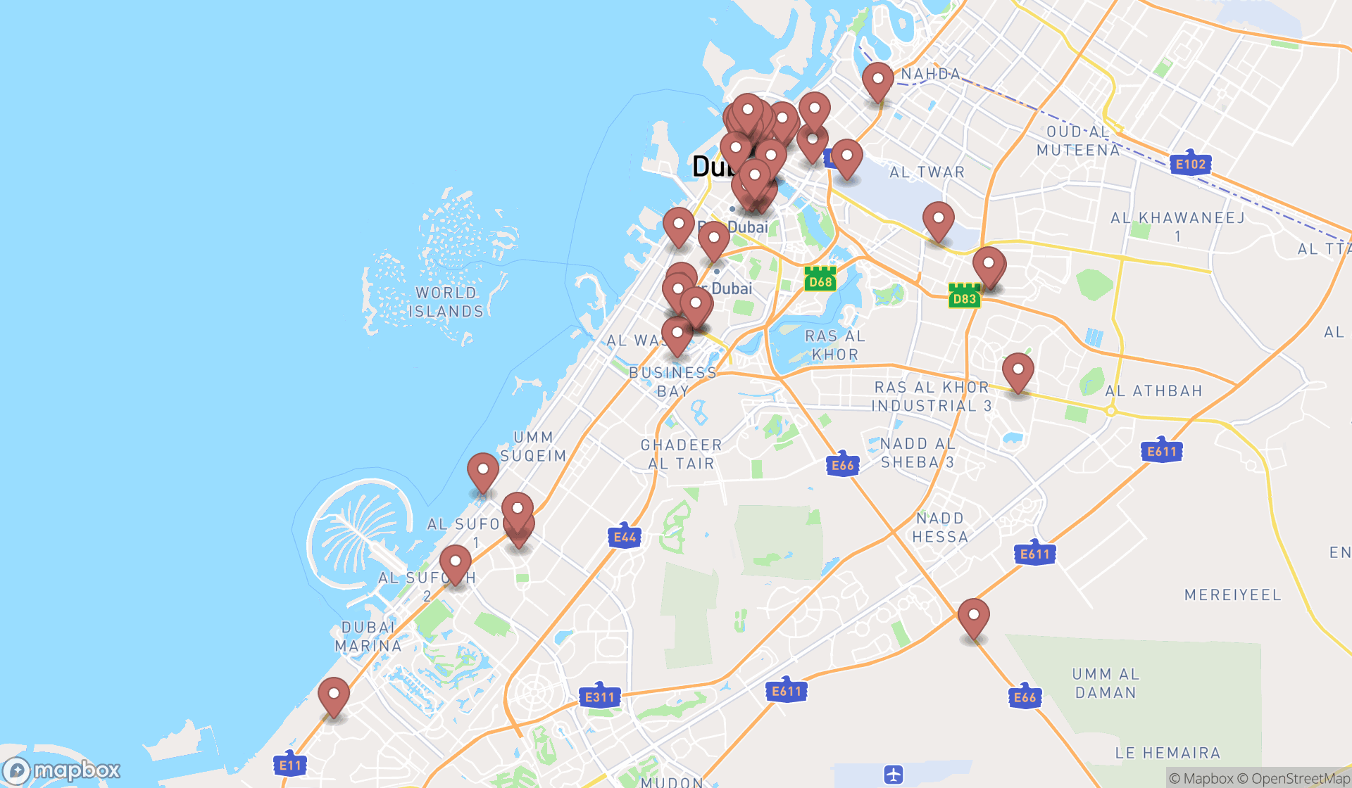 Map showing the search results in Dubai