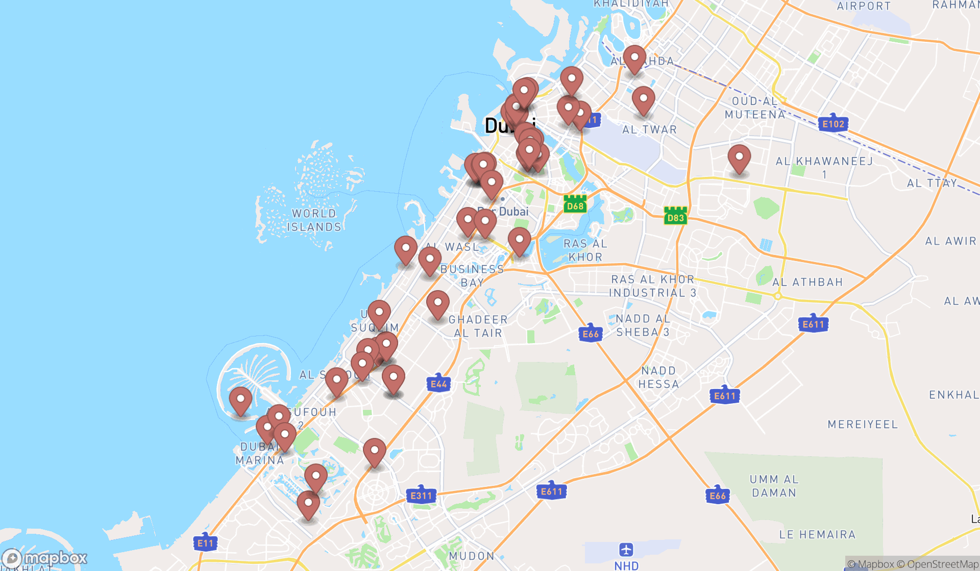 Map showing the search results in Dubai