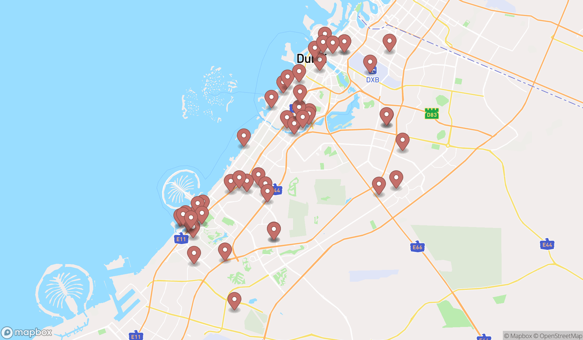 Map showing the search results in Dubai