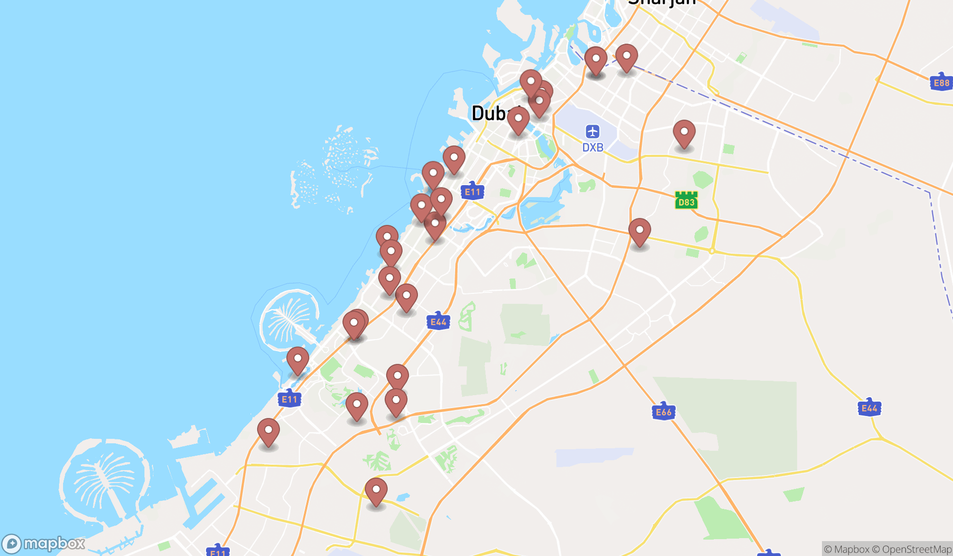 Map showing the search results in Dubai