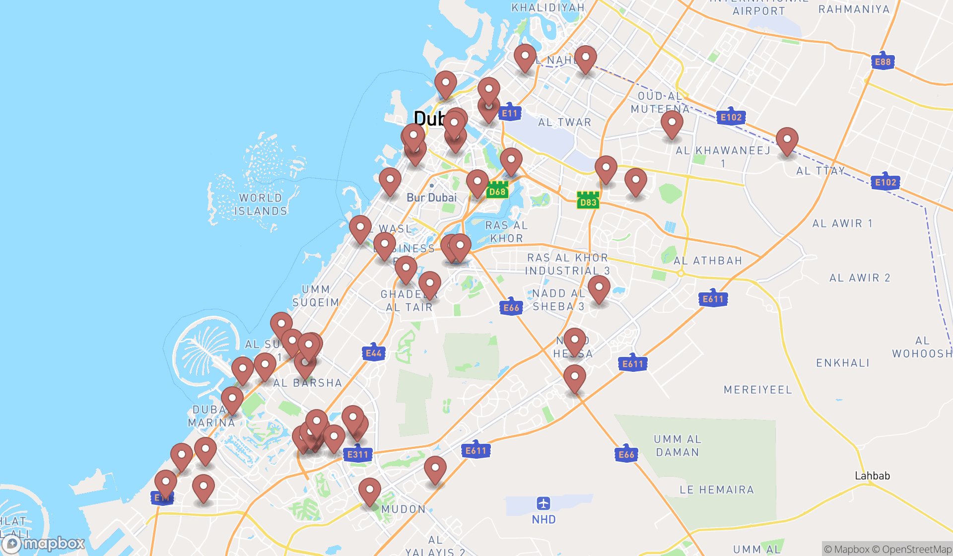 Map showing the search results in Dubai
