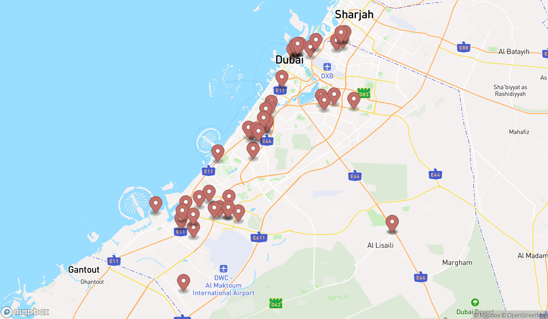 Map showing the search results in Dubai