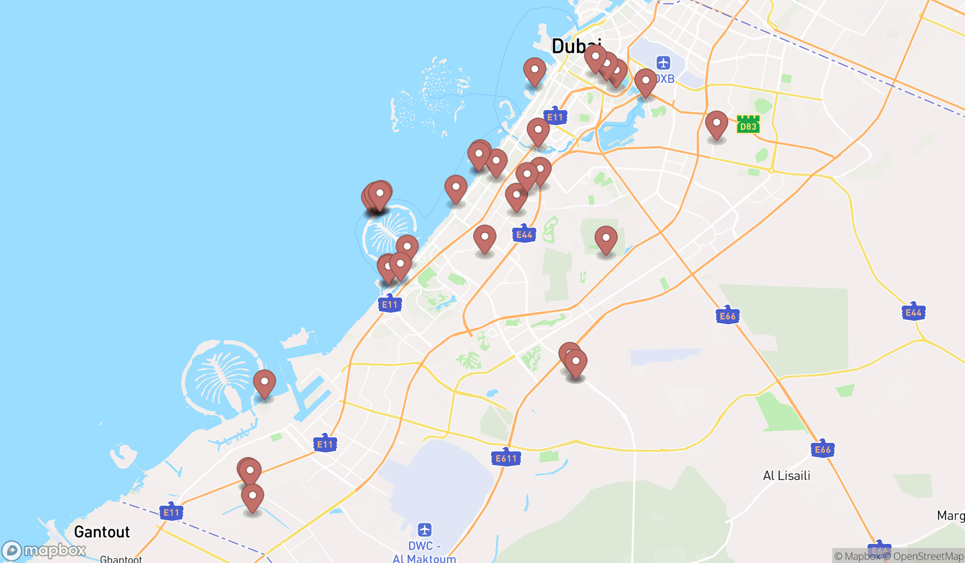Map showing the search results in Dubai