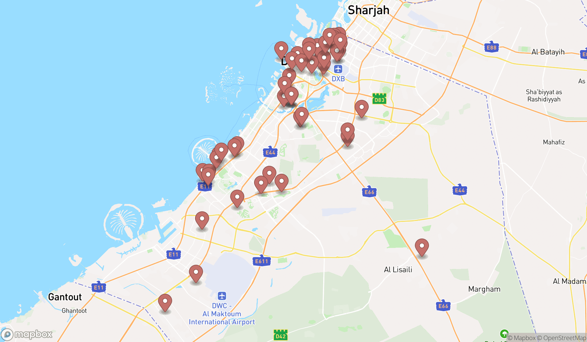 Map showing the search results in Dubai