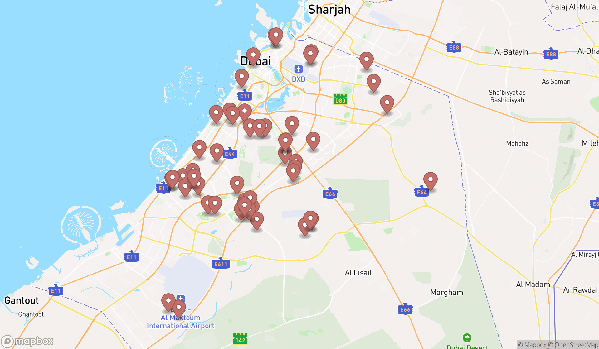 Map showing the search results in Dubai