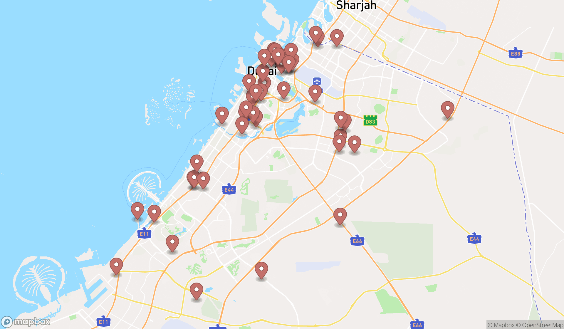 Map showing the search results in Dubai