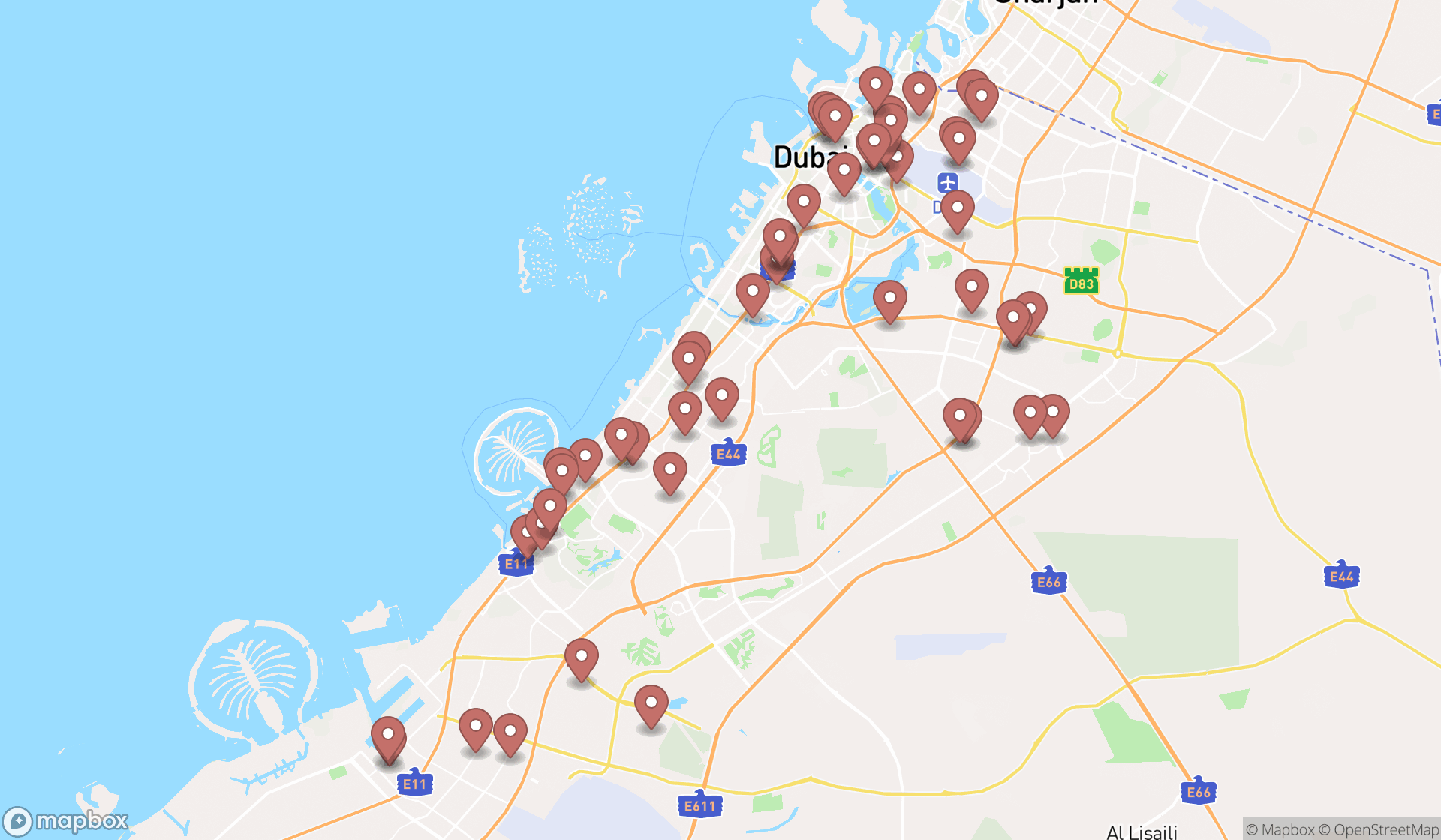 Map showing the search results in Dubai