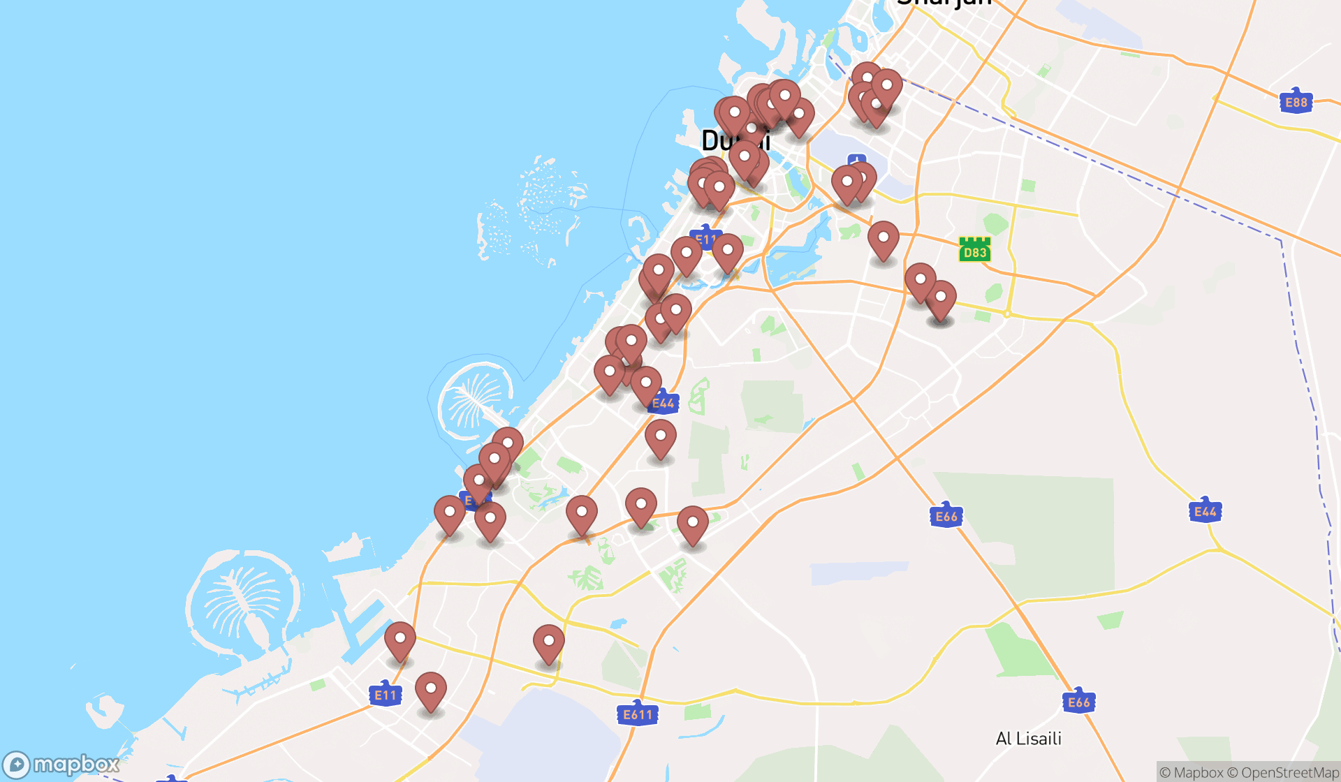 Map showing the search results in Dubai