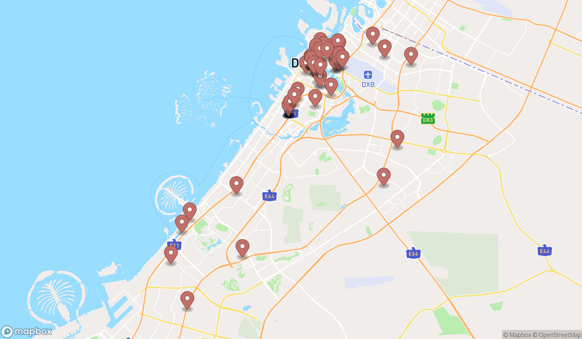 Map showing the search results in Dubai