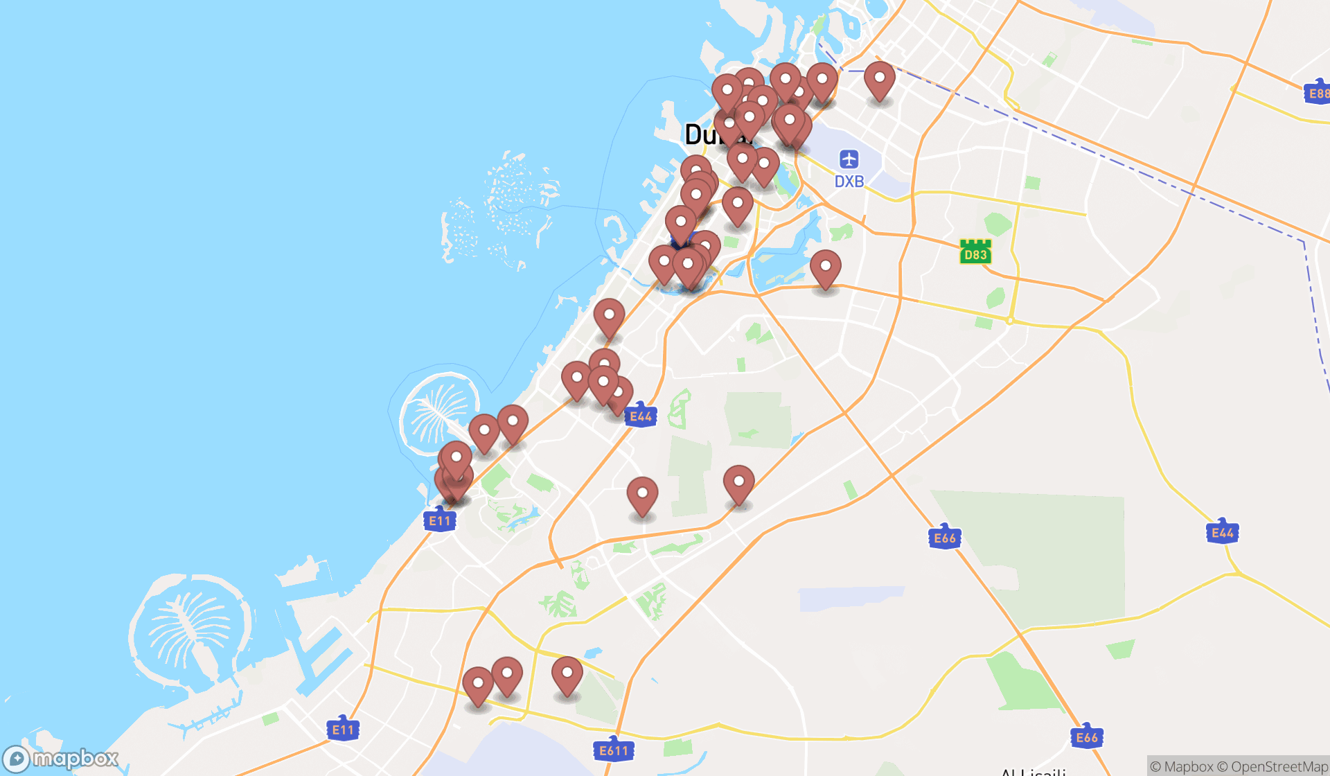 Map showing the search results in Dubai