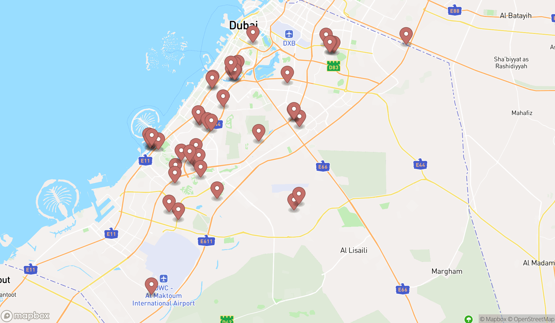 Map showing the search results in Dubai