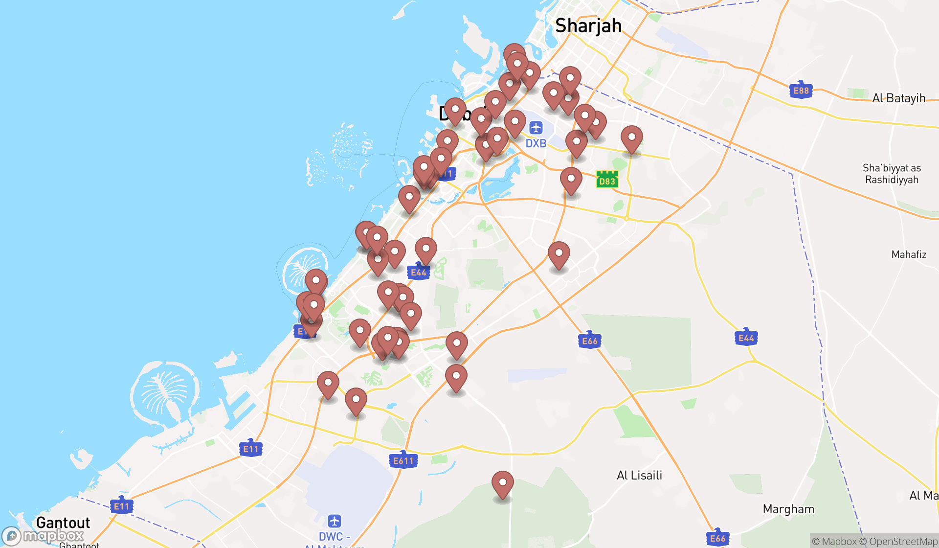 Map showing the search results in Dubai