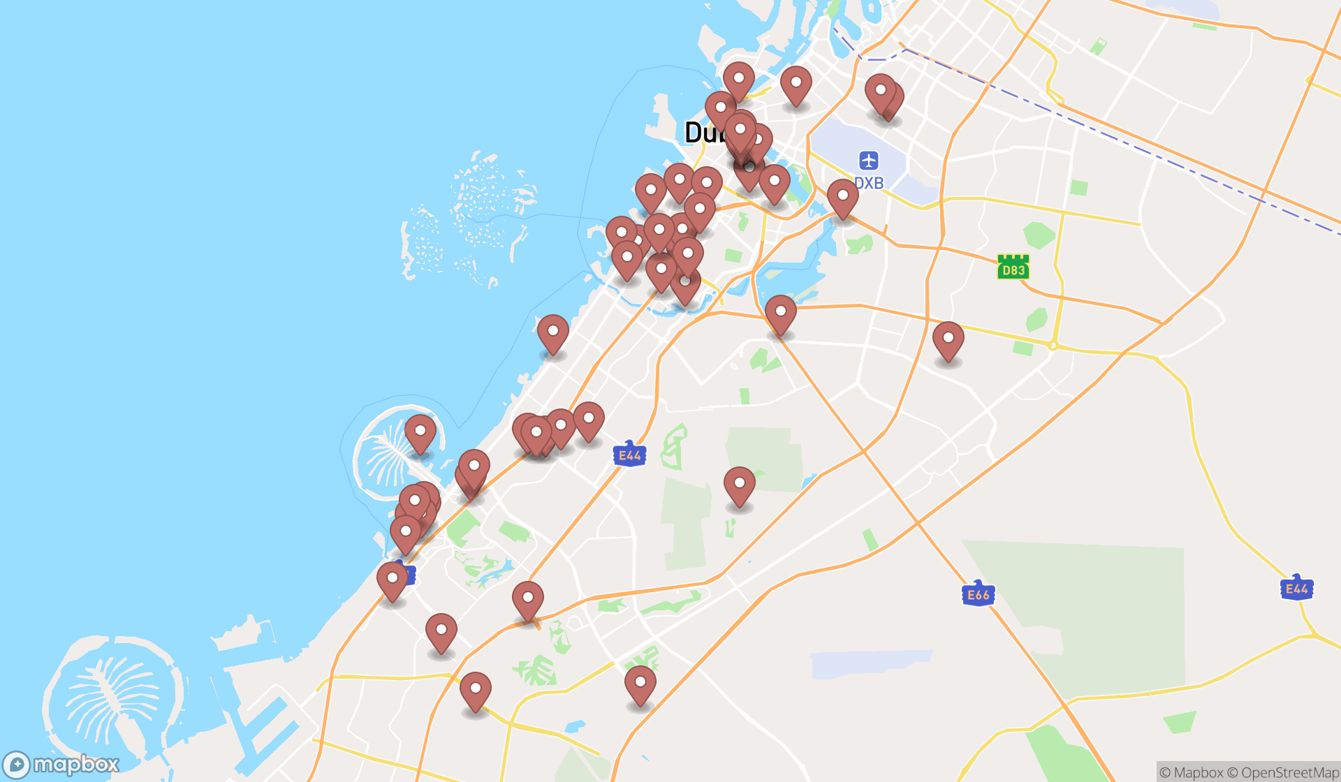 Map showing the search results in Dubai