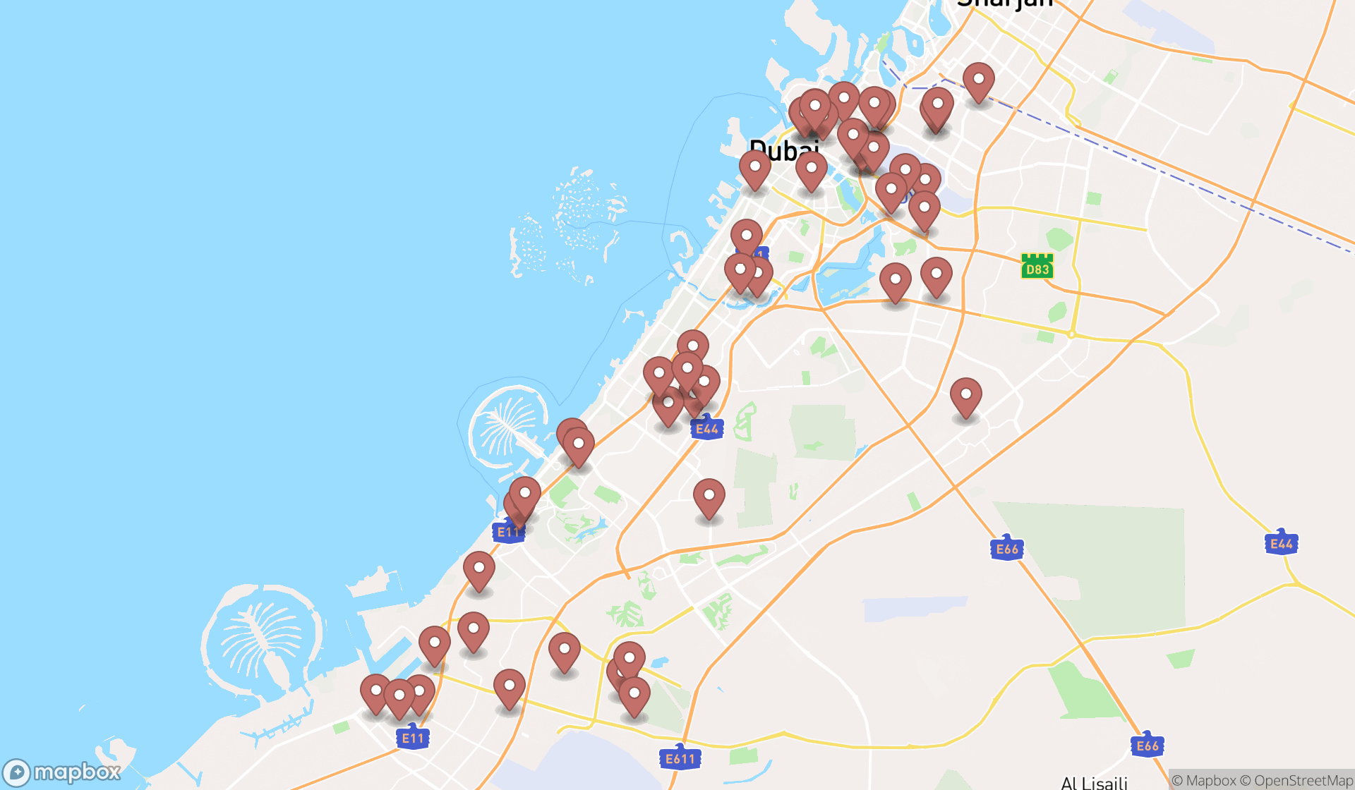 Map showing the search results in Dubai