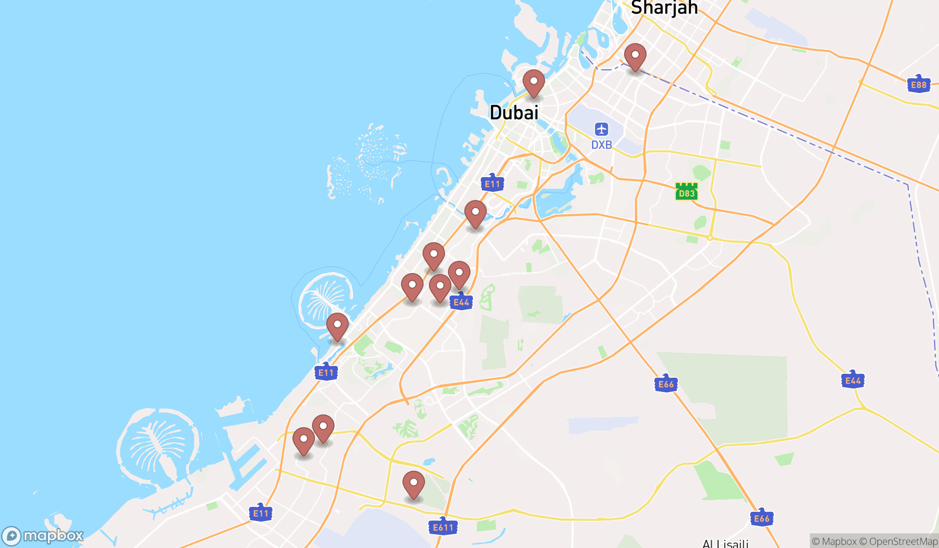 Map showing the search results in Dubai