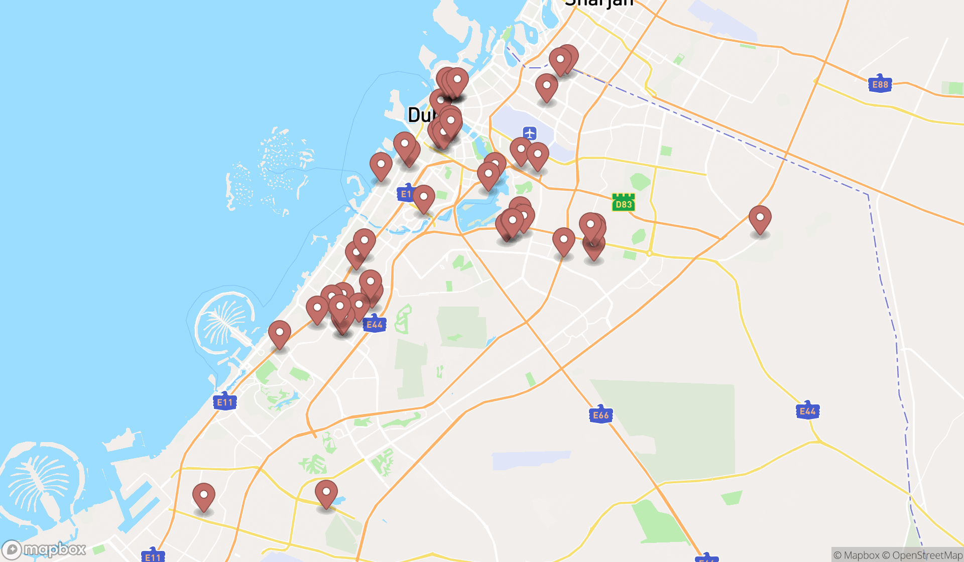 Map showing the search results in Dubai