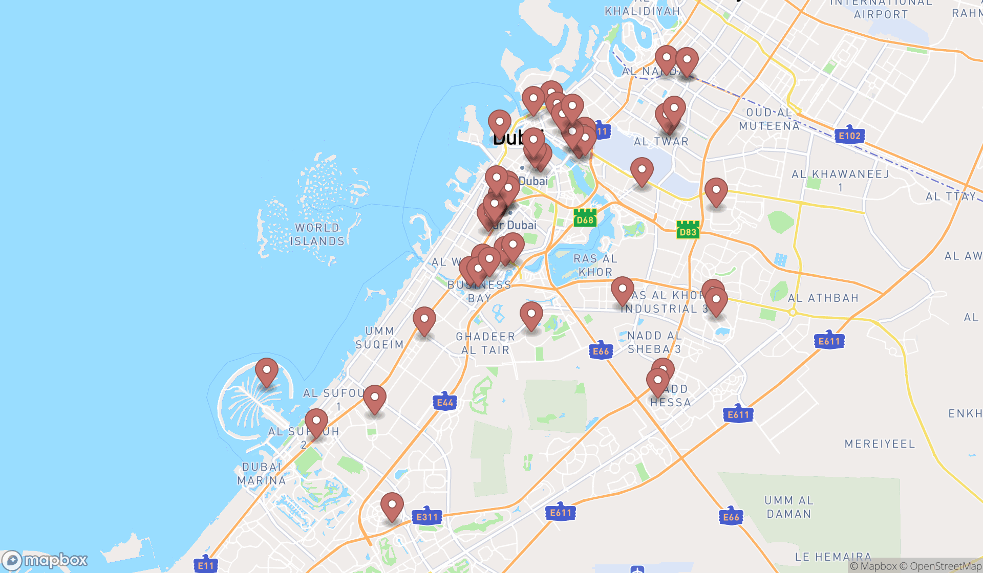 Map showing the search results in Dubai
