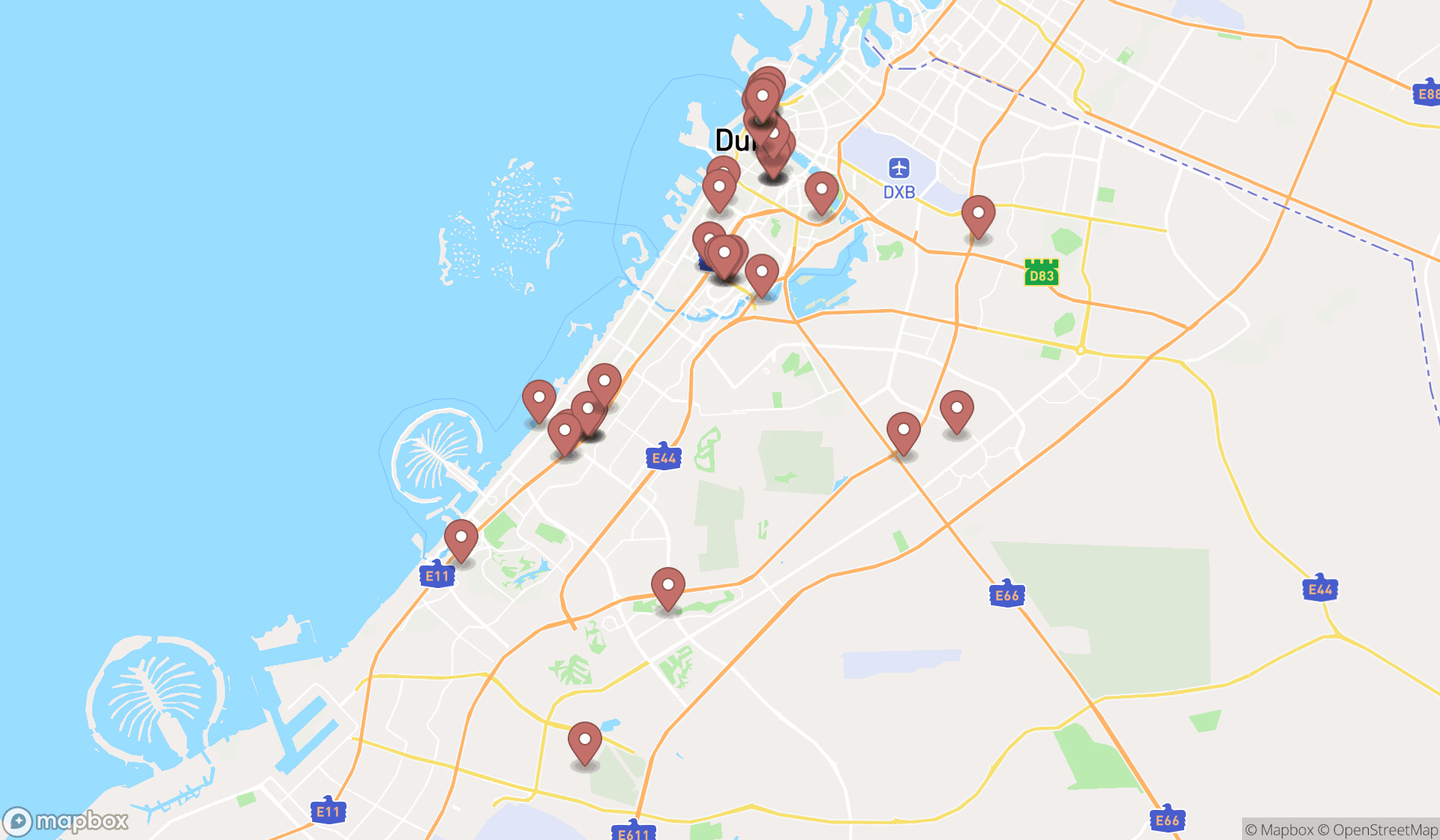 Map showing the search results in Dubai