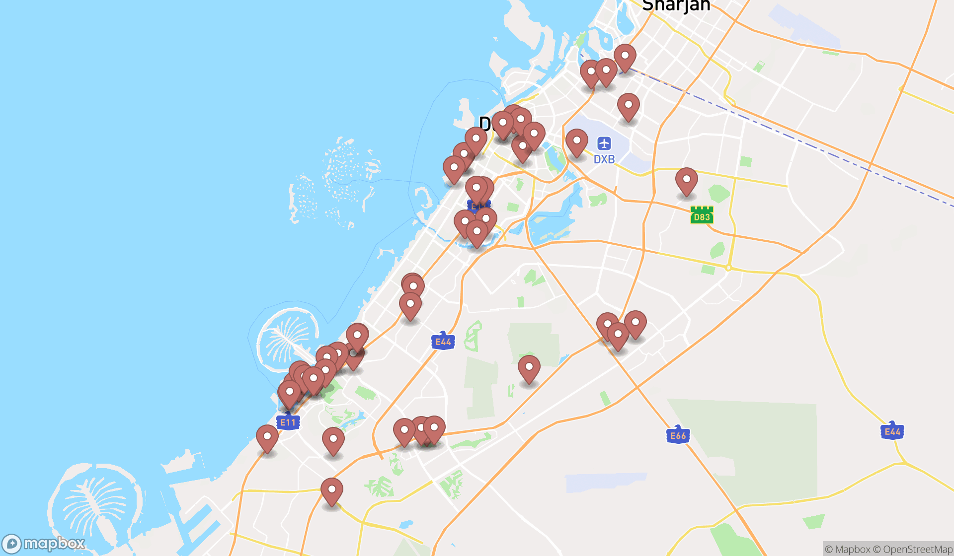 Map showing the search results in Dubai