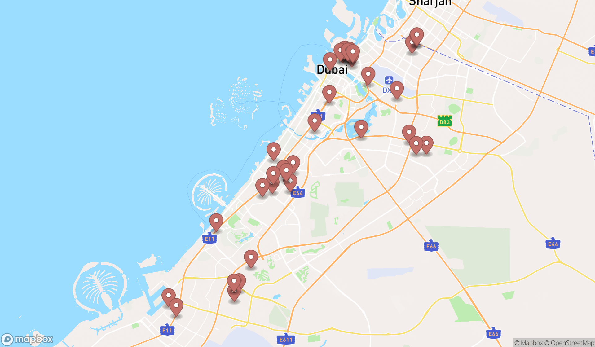 Map showing the search results in Dubai