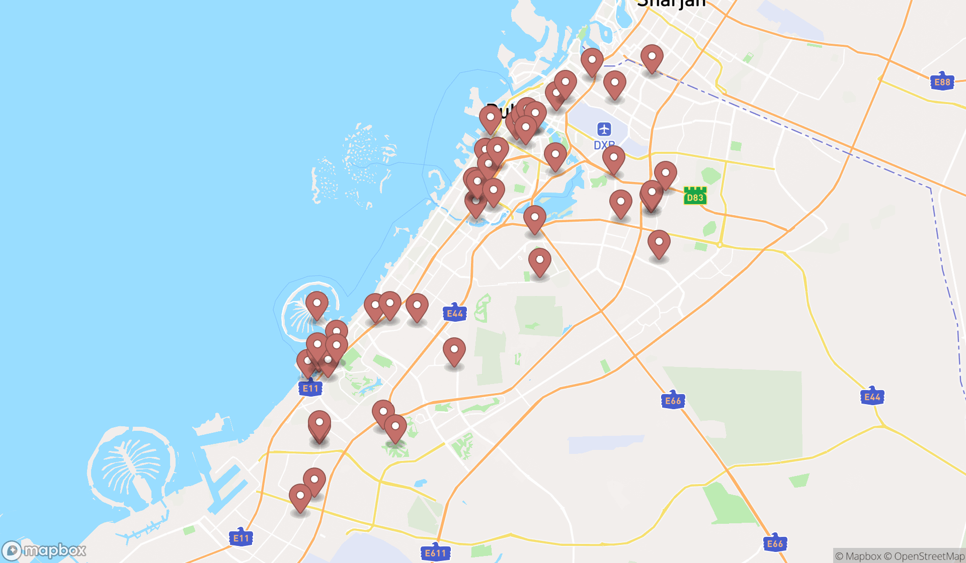 Map showing the search results in Dubai