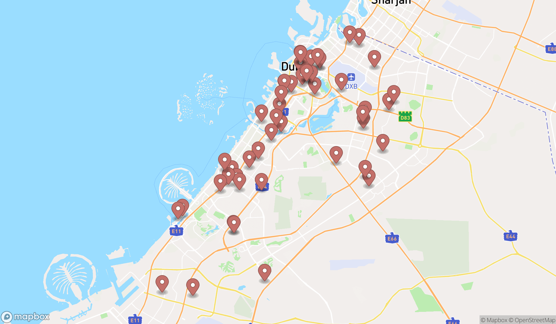 Map showing the search results in Dubai