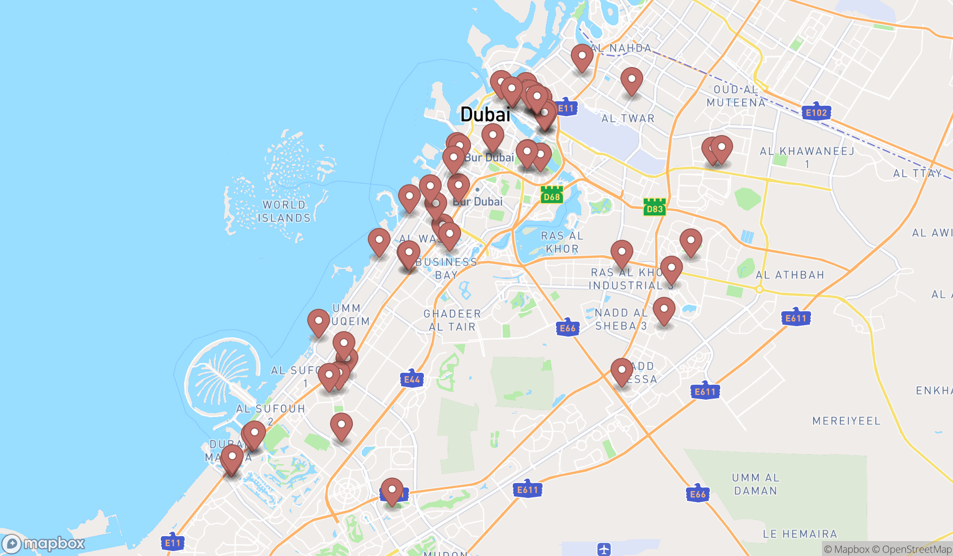 Map showing the search results in Dubai
