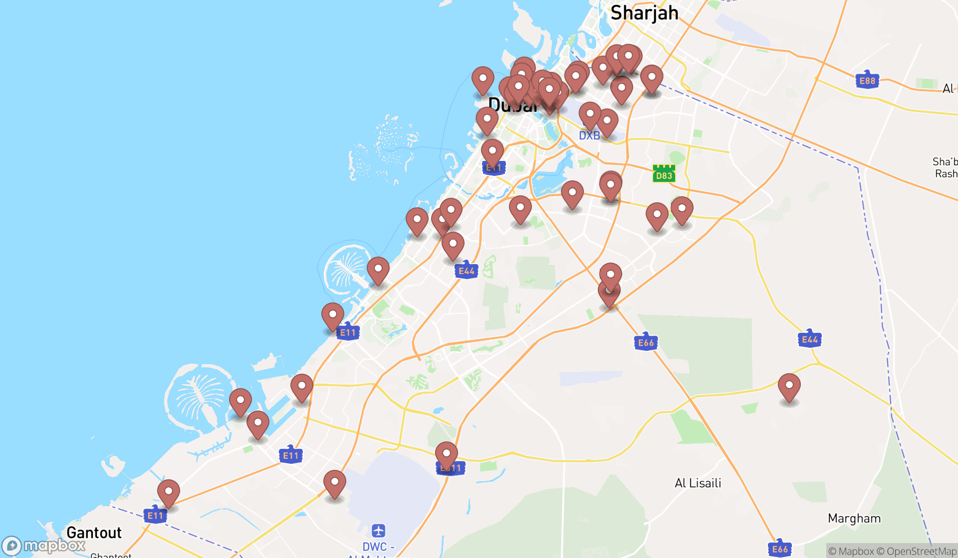 Map showing the search results in Dubai