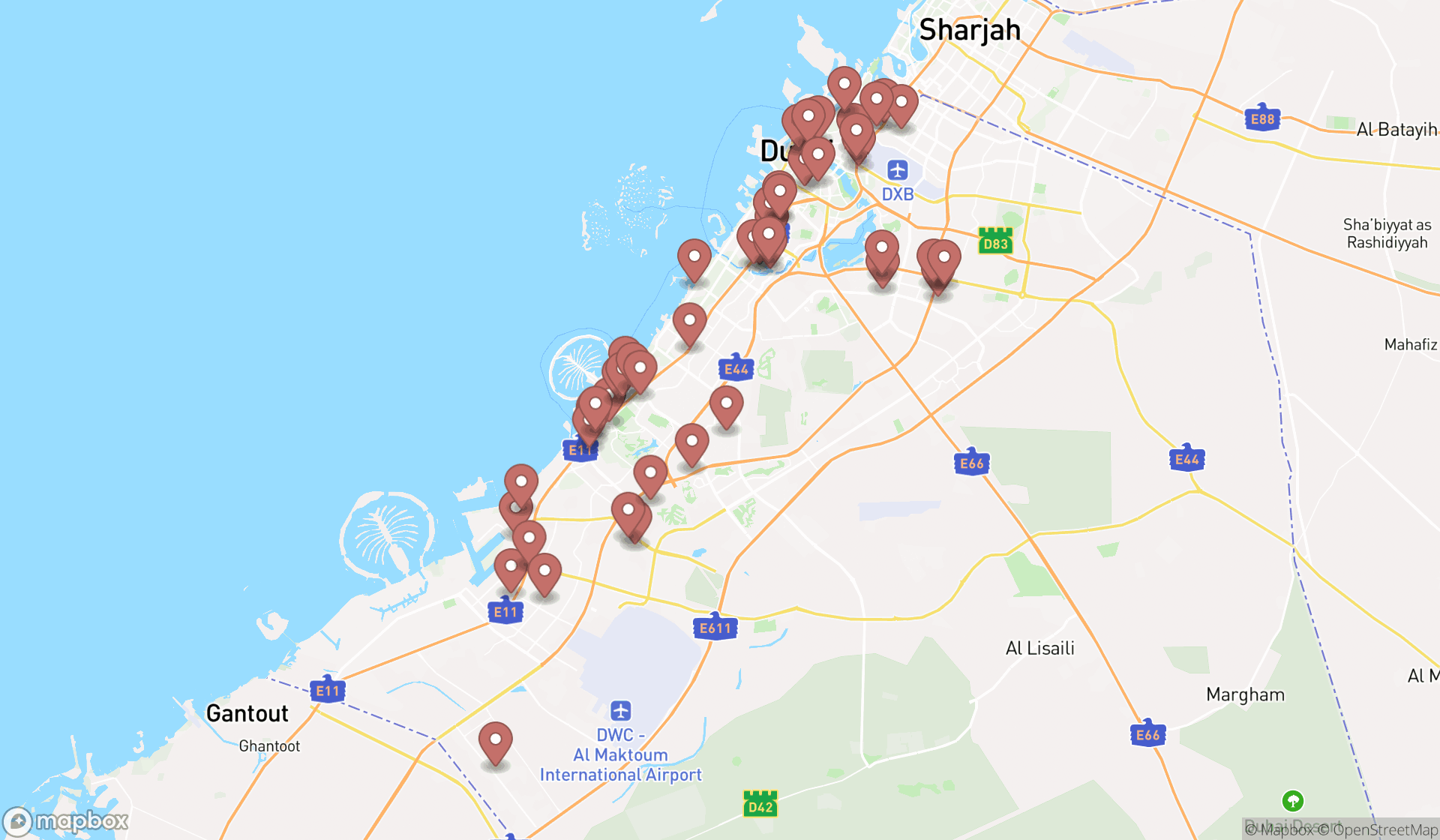 Map showing the search results in Dubai