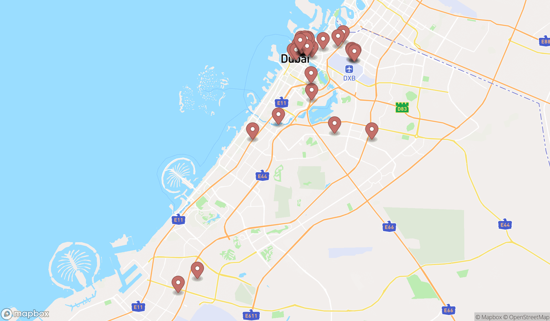 Map showing the search results in Dubai
