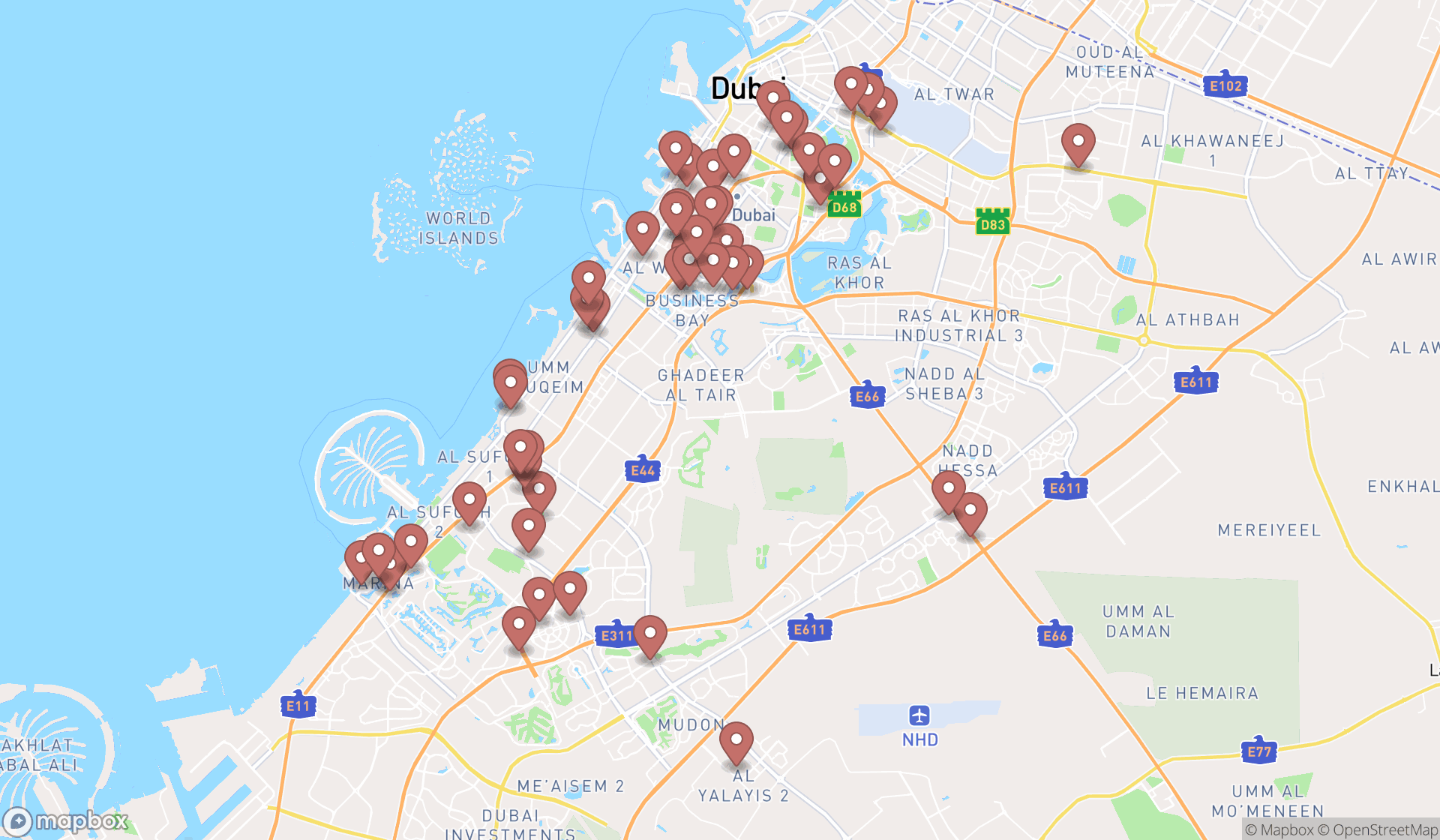 Map showing the search results in Dubai