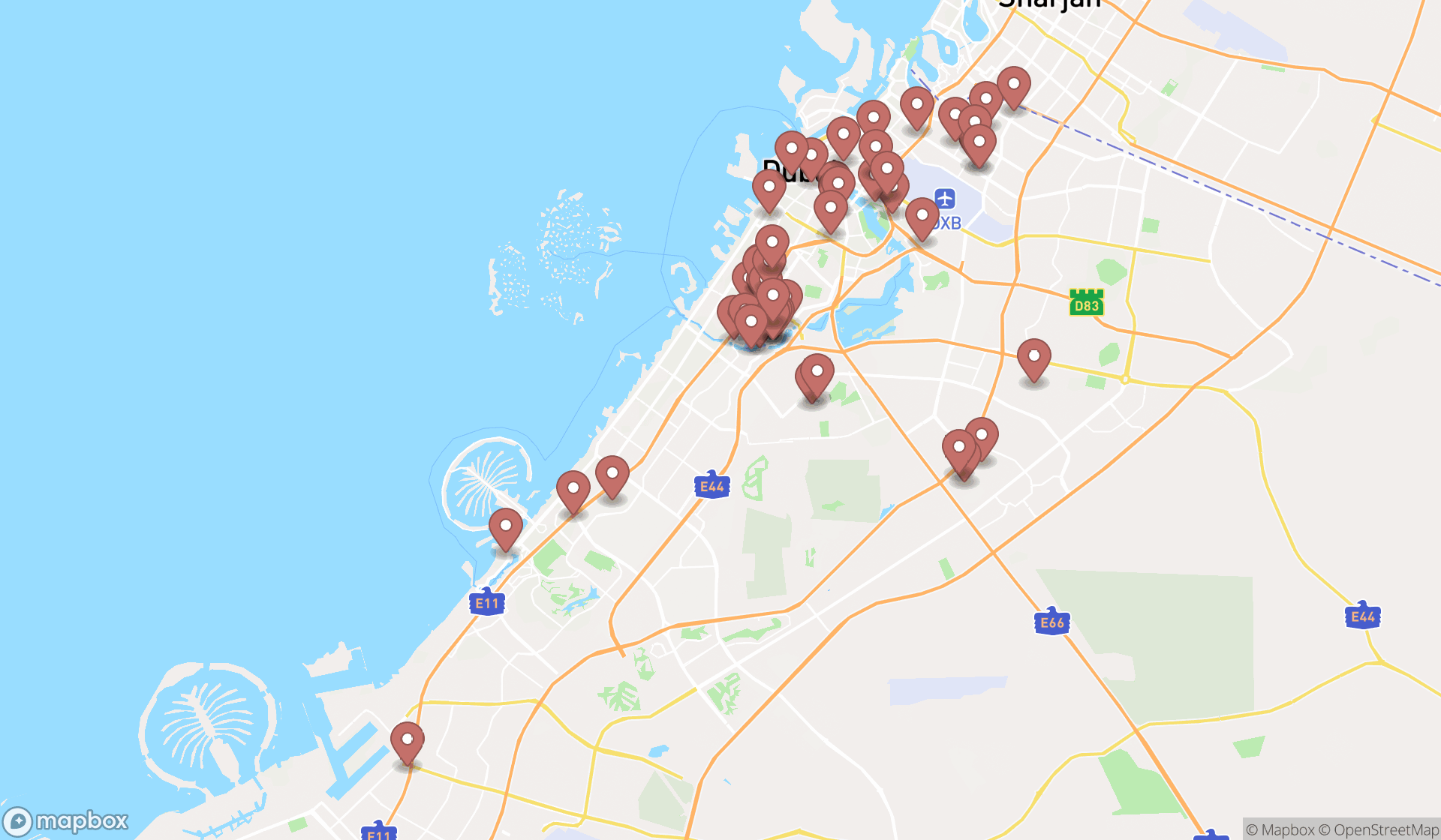 Map showing the search results in Dubai