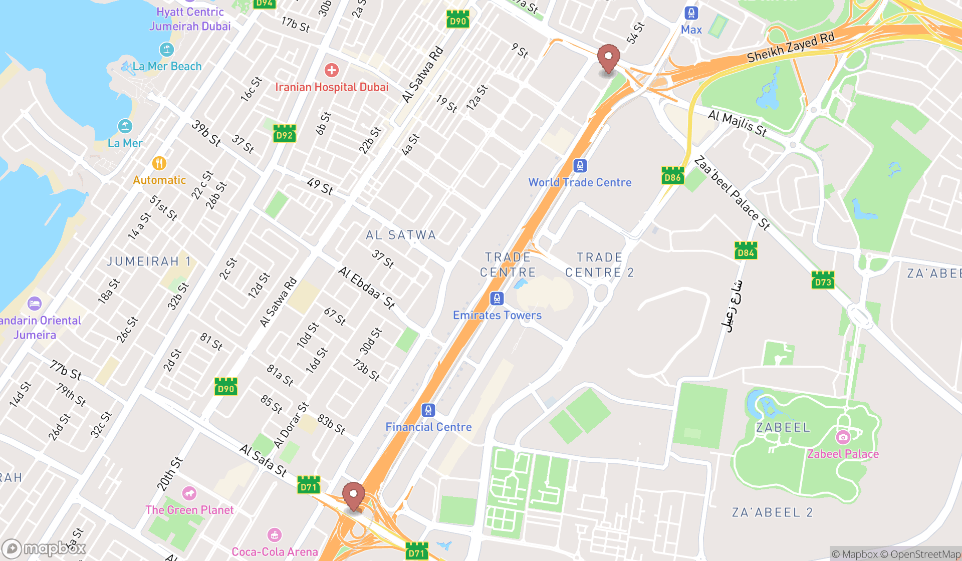 Map showing the search results in Dubai