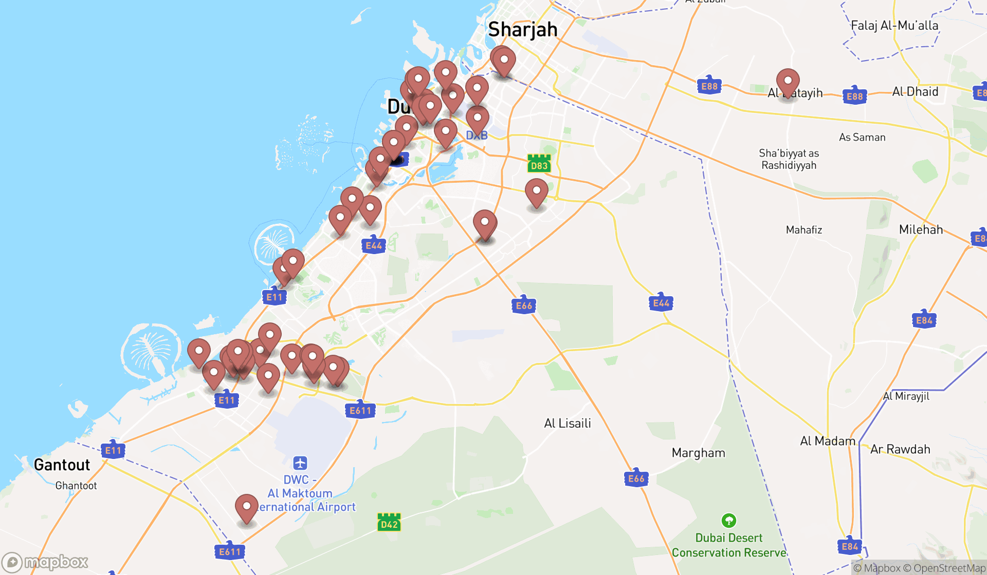Map showing the search results in Dubai
