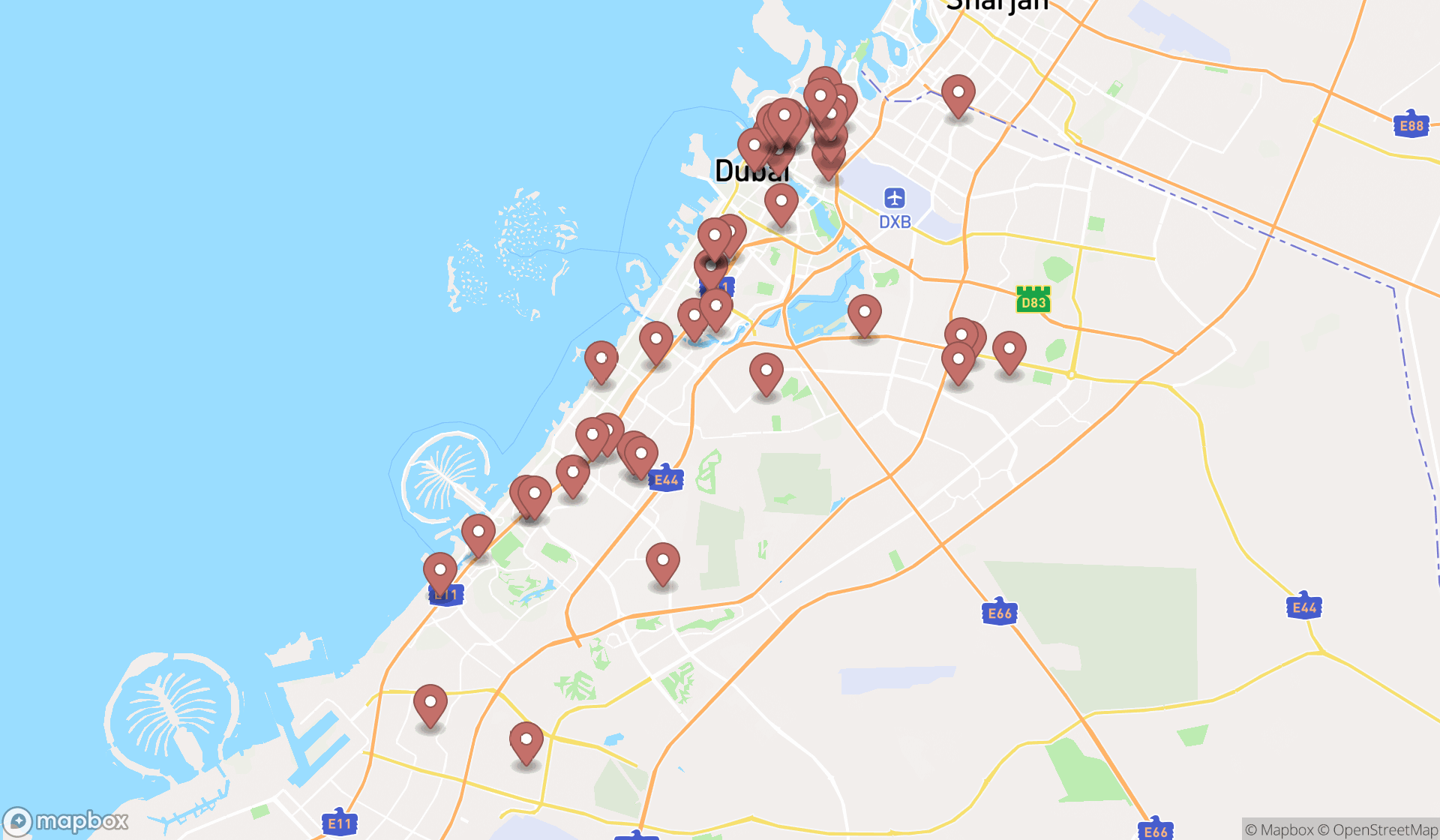 Map showing the search results in Dubai