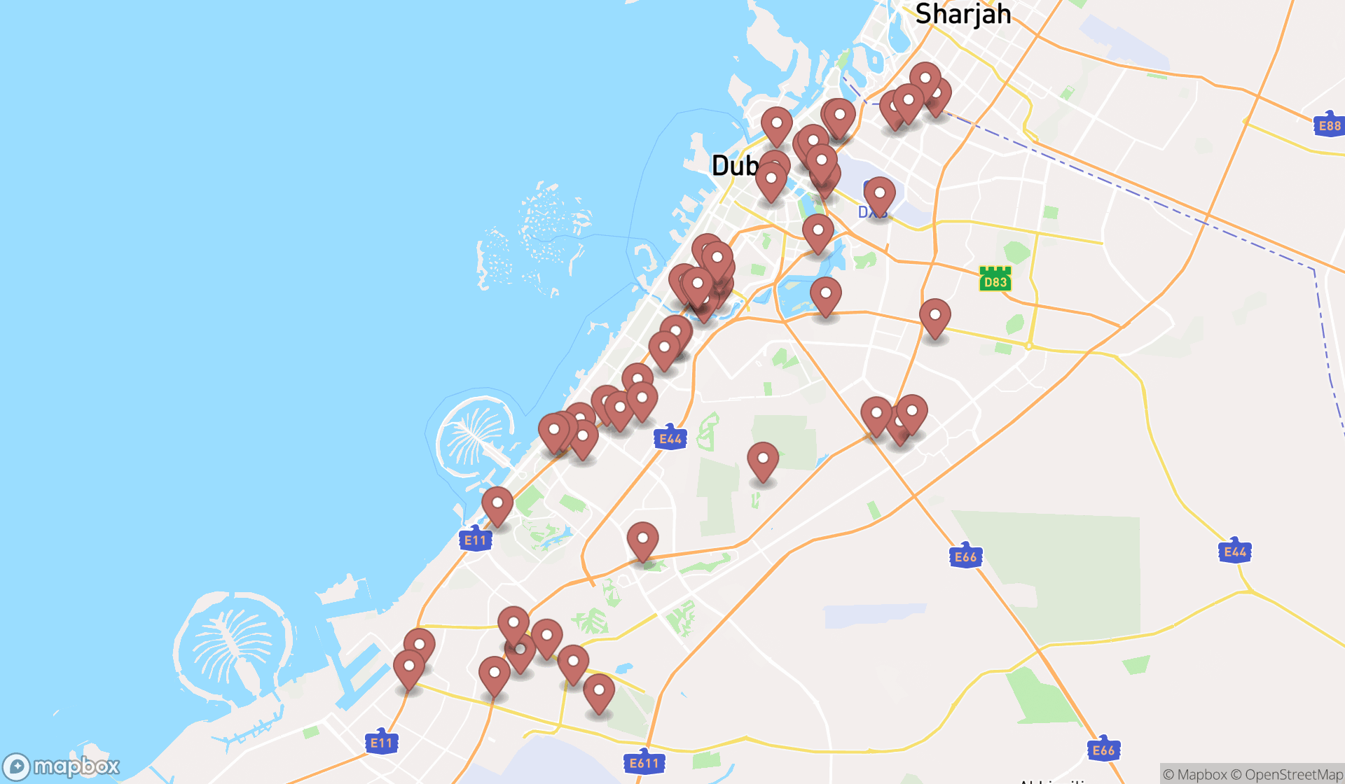 Map showing the search results in Dubai