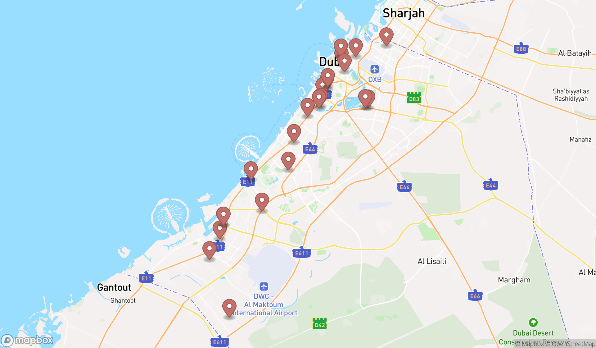 Map showing the search results in Dubai