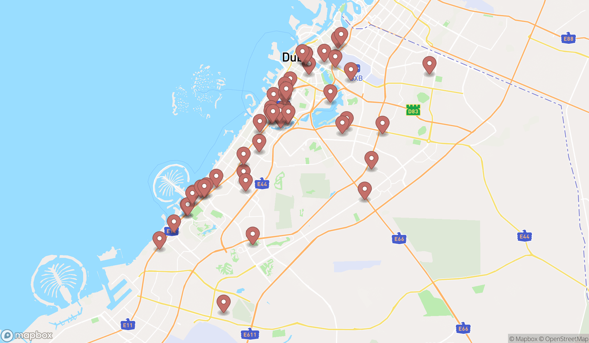 Map showing the search results in Dubai
