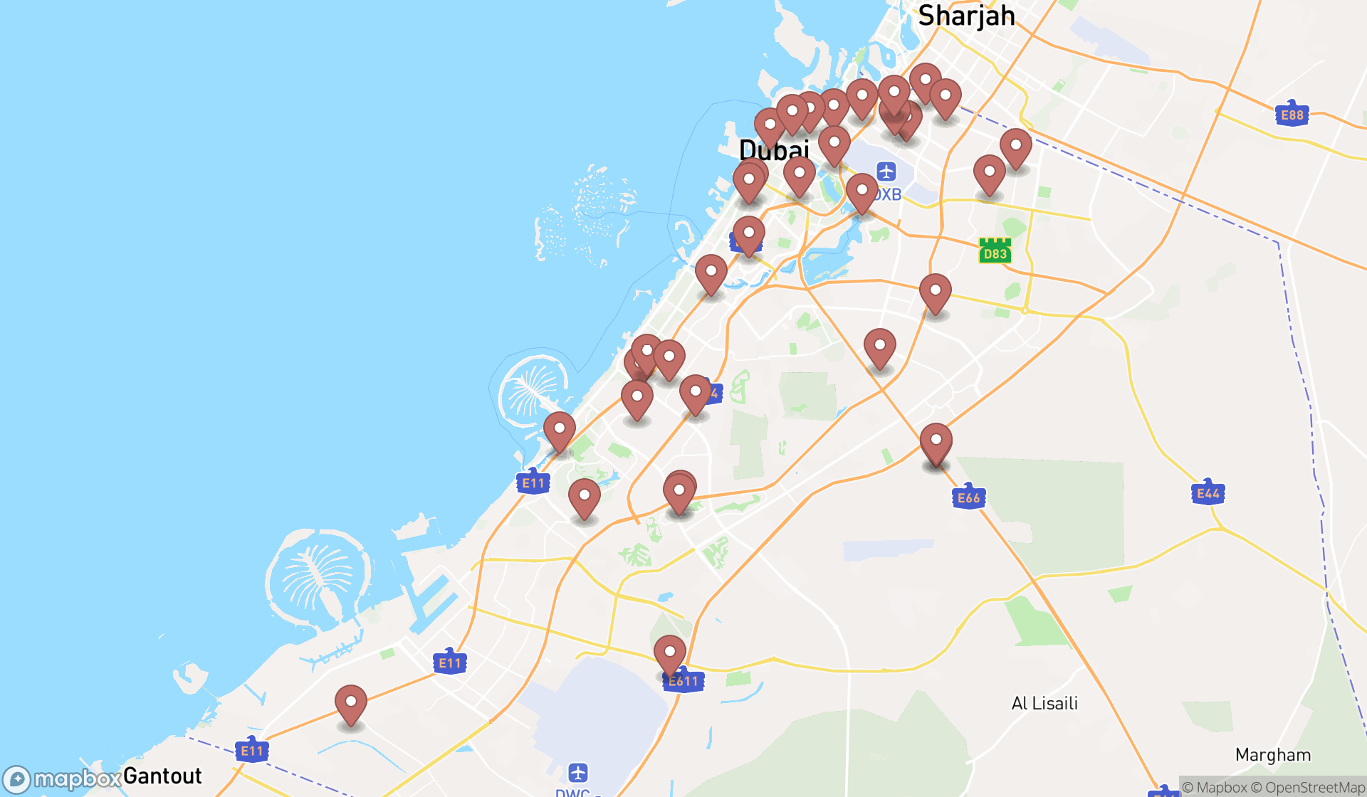 Map showing the search results in Dubai