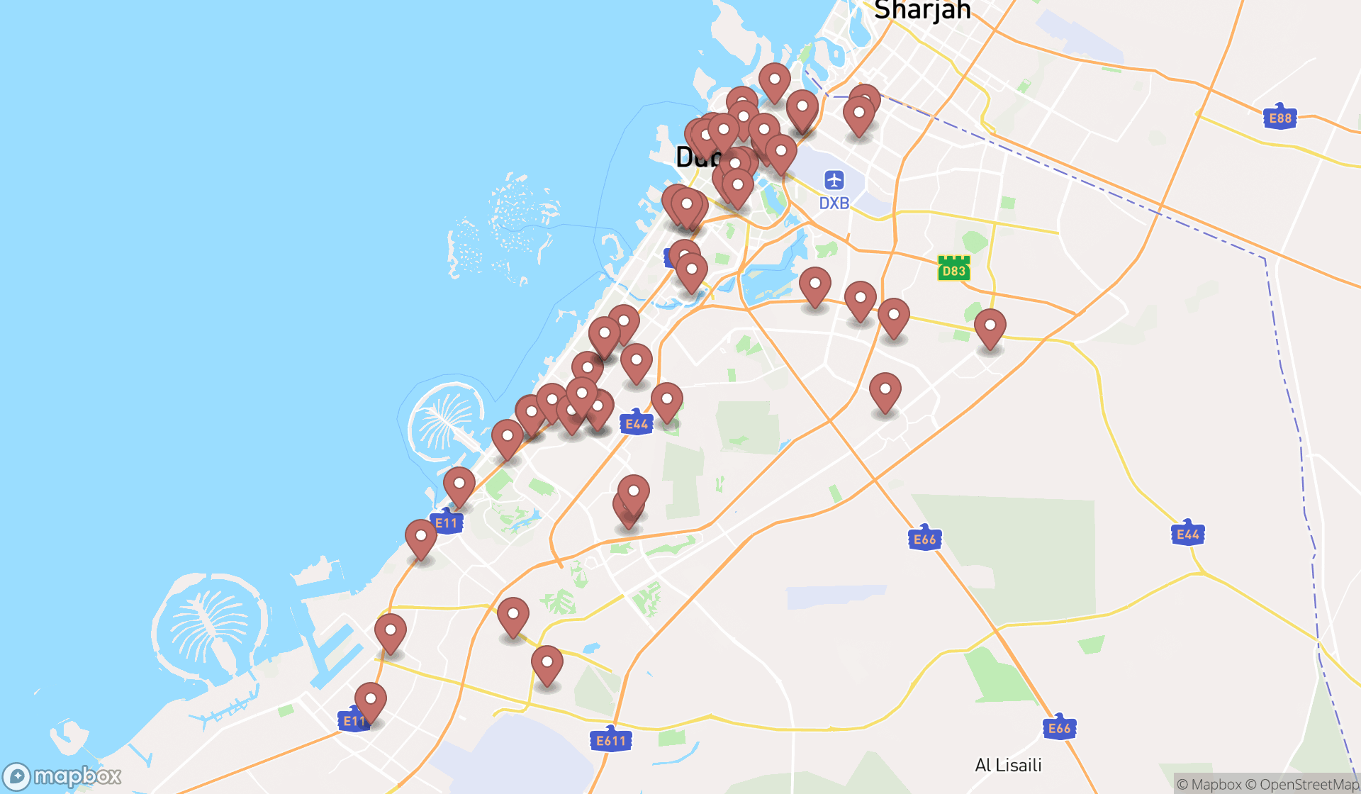 Map showing the search results in Dubai