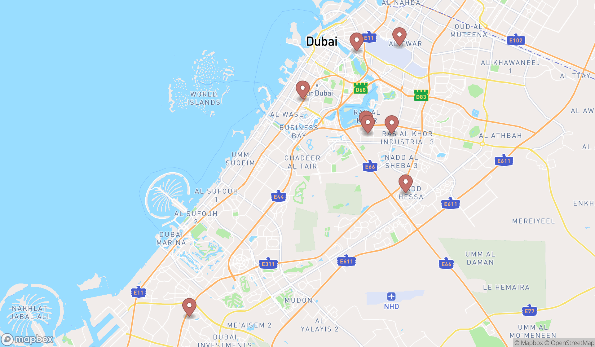 Map showing the search results in Dubai