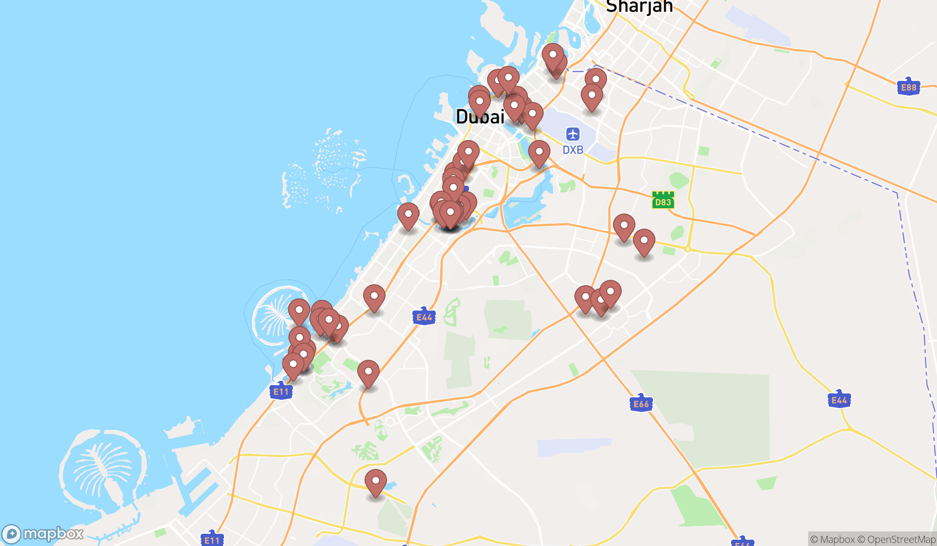 Map showing the search results in Dubai